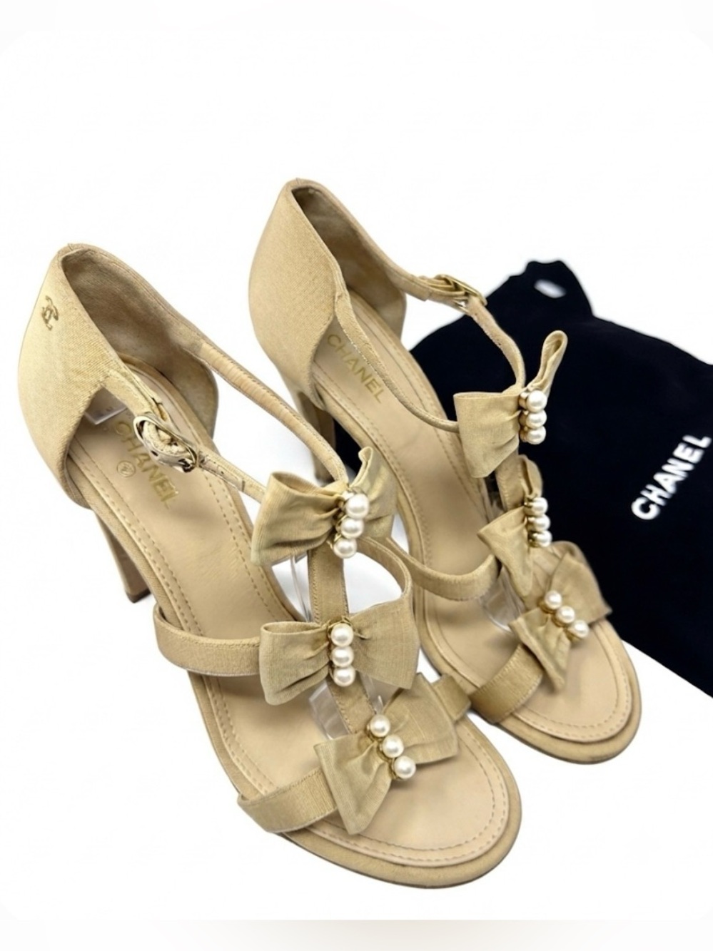 Chanel Beige Grosgrain Pearl Bow T-Strap Heels Size 40.5